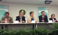 José Franco, Francisco Bolívar, Ana Lilia Herrera, Alejandro Tello y Ana María Cetto, durante la presentación del proyecto de decreto por el que se establece el acceso abierto a la información científica.