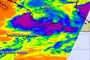 Imagen infrarroja de la tormenta tropical Manuel captada el 16 de septiembre de 2013. Las áreas púrpura indican precipitaciones intensas.