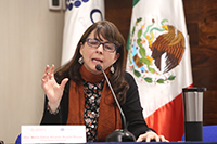 La directora general del Consejo Nacional de Ciencia y Tecnología (Conacyt), María Elena Álvarez-Buylla Roces, ofrece una serie de anuncios durante la rueda de prensa celebrada hoy en el auditorio Eugenio Méndez Docurro.