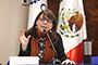 La directora general del Consejo Nacional de Ciencia y Tecnología (Conacyt), María Elena Álvarez-Buylla Roces, ofrece una serie de anuncios durante la rueda de prensa celebrada hoy en el auditorio Eugenio Méndez Docurro.