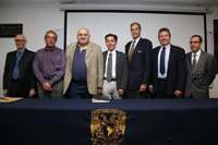 El señor Antonio Adem Chahín, y los doctores Víctor Mendoza Castro, Luis Felipe Rodríguez, Jaime Urrutia, Octavio Novaro, Federico Graef y Alfredo Ruiz, en la mesa redonda de homenaje póstumo a Julián Adem Chahín, realiazado en el Centro de Ciencias de la Atmósfera de la UNAM.