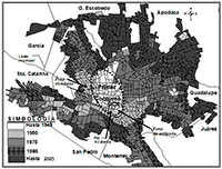 Con los procesos de metropolización van quedando anillos a los que se pueden llamar las no ciudades; es decir, dentro de una metrópoli pueden existir espacios que carecen de todas las características urbanas, por ejemplo, falta de infraestructura y servicios. En la imagen, el crecimiento que ha registrado la ciudad de Monterrey, Nuevo León, de 1940 a 2005.