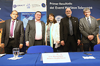 En la rueda de prensa para dar a conocer la primera imagen de un hoyo negro participaron Leopoldo Altamirano, director del INAOE; Laurent Loinard, investigador del Instituto de Radioastronomía y Astrofísica (IRyA) de la UNAM; María Elena Álvarez-Buylla, directora general del Conacyt; David Gughes, director del GTM y William Lee, coordinador de la Investigación Científica de la UNAM.