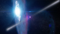 Imagen artística de una estrella masiva con su disco de acreción aproximándose para fusionarse a otra estrella con chorros de expulsión de masa.