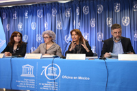 Gabriela Rivera, de la Asociación Nacional de Programas de Salud, Sexual y Reproductiva, Adolescencia y Grupos Vulnerables UNFPA; Magdalena Díaz,directora general adjunta para la Unesco de la SRE; Nuria Sanz, directora UNESCO México; y Alejandro Salafranca, coordinador de Patrimonio Histórico, Artístico y Cultural de la Secretaría de Cultura de la Ciudad de México.