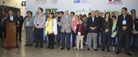 Clausura de la XXIV Semana Nacional de Ciencia y Tecnología en San Luis Potosí. En primera línea y de derecha a izquierda: Jesús Mendoza, subdirector de Comunicación de la Ciencia, la Tecnología y la Innovación-Conacyt; Ma. del Refugio González, directora del Museo del Laberinto; Joel Ramírez, secretario de Educación. En el podio, Julio César Ponce, coordinador de Proyectos, Comunicación e Información Estratégica- Conacyt.