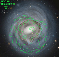 Imagen de la galaxia espiral NGC 4921, en el cúmulo de galaxias Coma Berenice, ubicado a unos 280 millones de años luz. La imagen fue obtenida con el Telescopio Espacial Hubble, los contornos en verde corresponden a la distribución de hidrógeno atómico observado en la línea de 21cm, con el radio telescopio Karl Jansky NRAO-VLA. Se advierte la gran asimetría en la distribución de hidrógeno, lo cual indica que la galaxia ha perdido gran cantidad del componente gaseoso, debido a su interacción con el ambiente del cúmulo.