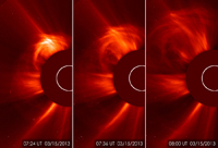 Eyecciones de masa coronal captadas por el Observatorio Solar Heliosférico en marzo de 2013.