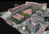 Modelo tridimensional de la Facultad de Medicina de la UNAM, extraído de un video que lo muestra girando de manera continua, de modo que es posible observarlo desde cualquier dirección para conocer la forma de los edificios, los espacios entre ellos, las instalaciones en las azoteas y los puntos de reunión en caso de desastre, entre otros aspectos.