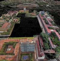 Composición de varios modelos 3D de edificios individuales del Campus Central de Ciudad Universitaria. Como cada modelo está georreferenciado utilizando los datos GPS del dron y puntos de control terrestre, cuando son unidos quedan en su posición correcta dentro del marco de referencia geográfico, y tanto las dimensiones como las relaciones espaciales entre ellos reflejan su configuración física real.