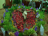 Un Cristo en la cruz adornado para la celebración de la Semana Santa en Zaachila, Oaxaca, ejemplo del uso tradicional de las plantas en las ceremonias religiosas en poblaciones mexicanas.