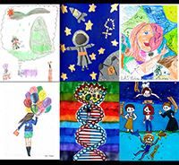 Segundo Concurso de Dibujo Infantil sobre Las Mujeres y Las Niñas en la Ciencia, convocado por la Academia Mexicana de Ciencias. En la imagen, de izquierda a derecha, ganadores de los tres primeros lugares. Arriba, categoría A (6 a 10 años). Abajo, categoría B (11-15 años).