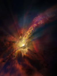 Representación artística que muestra la condensación de nubes de gas molecular frío alrededor del cúmulo de galaxias Abell 2597. Las nubes se condensan a partir del gas caliente que ocupa el espacio entre las galaxias de este cúmulo. Nuevos datos de ALMA evidencian que la “lluvia” de estas nubes se precipita hacia el agujero negro supermasivo situado en el centro de una galaxia, que a su vez se encuentra en el centro del cúmulo Abell 2597.