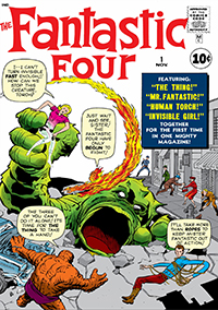 Portada del No. 1 vol.1 de Los cuatro fantásticos, de Marvel Comics, que salió al público estadounidense en noviembre de 1962. Stan Lee, editor. Jack Kirby y George Klein, artistas de portada.