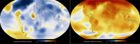 (NASA/GISS) Mapa codificado por colores que muestra una progresión de cambio de temperaturas superficiales globales de 1884 a 2014. El azul oscuro indica las zonas más frías que la media. El rojo oscuro indica las áreas más cálidas que el promedio