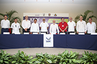 Integrantes del presídium en la ceremonia de ingreso del profesor Adrian Bejan a la Academia Mexicana de Ciencias y a la Academia de Ingeniería de México: Marcelo López, Abel Hernández, Rafael Colás, Guadalupe Estrada, José Luis Morán, José Francisco Albarrán, Víctor Hugo Jacobo, José Luis Fernández , Adrian Bejan y Jaime Cervantes.