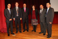 Los doctores Axel de la Macorra, George Smoot, Enrique Cabrero, la doctora Julia Tagüeña, Jorge Flores y Jaime Urrutia, en la ceremonia del 45 aniversario del Consejo Nacional de Ciencia y Tecnología.