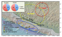 El mapa indica los distintos tipos de instrumentos que se colocarán en la brecha sísmica de Guerrero y las instituciones participantes, durante las operaciones que efectuará en la zona en noviembre un equipo de científicos mexicanos y japoneses en el buque oceanográfico 