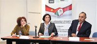 Participantes en la mesa de trabajo sobre movilidad académica y estudiantil en el “Foro sobre estrategias de colaboración AMC - NANOMXCN”, realizado en la sede de la Academia Mexicana de Ciencias: Julia Tagüeña (Conacyt), Anaid Linares (Cinvestav) y Alejandro Velázquez (UNAM).