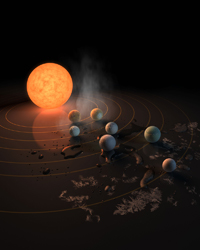 La ilustración muestra a la estrella TRAPPIST-1, una enana ultra-fría. El sistema tiene siete planetas del tamaño de la Tierra que orbitan. El concepto de este artista apareció en la portada de la revista Nature el 23 de febrero de 2017.