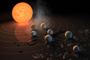 La ilustración muestra a la estrella TRAPPIST-1, una enana ultra-fría. El sistema tiene siete planetas del tamaño de la Tierra que orbitan. El concepto de este artista apareció en la portada de la revista Nature el 23 de febrero de 2017.
