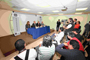 Aspectos de la conferencia de prensa realizada en la Capilla Alfonsina de la Universidad Autónoma de Nuevo León.
