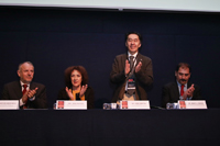 Integrantes del presidium en la ceremonia de inauguración de la Reunión General del AMC, Ciencia y Humanismo II: Arturo Menchaca, Julia Tagüeña, Jaime Urrutia y Mario A. Chávez.