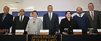 La inauguración de la XXVIII Olimpiada Nacional de Química estuvo  encabezada por Yoloxóchitl Bustamante, secretaria de Educación de Guanajuato; Luis Felipe Guerrero, rector general de la Universidad de Guanajuato (ambos al centro); acompañados por Merced Rizo, director del Colegio de Nivel Medio Superior (CNMS);  Teresita de Jesús Rendón, rectora del Campus Guanajuato; Octavio Reyes, integrante del comité organizador del la ONQ; y junto con ellos los delegados estatales del certamen (en los extremos): Víctor Mejía y Jesús Lugo.