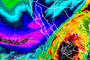 Imagen de satélite que muestran los momentos en los que está entrando a tierra por las costas de Jalisco el huracán Patricia y la trayectoria en su paso por el territorio mexicano.