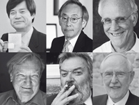 Premios Nobel participantes en el primer día del programa científico de la 66ª Reunión de Lindau: Hiroshi Amano, Tahhaaki Kajita, David Gross, Carlo Rubbia, Martinus Veltman y Arthur McDonald.