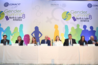 Participaron en la inauguración de la 8ª Cumbre de Género Norte y Latinoamérica: Jaime Urrutia, Maryse Lassonde, Rebeca Keiser, Enrique Cabrero, Ana Paola Barbosa, Armando  Pokus, Julie Katzman y Serge Villemure, quienes integraron el presídium.