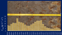 Fotografía de un núcleo sedimentario y un perfil de flujo de carbono orgánico, que incluye los valores de flujo respecto a la profundidad y la edad derivada del fechado con plomo 210.