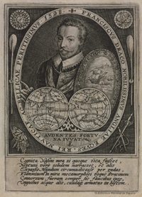 Grabado del corsario inglés Francisco Dracus (Francis Drake).